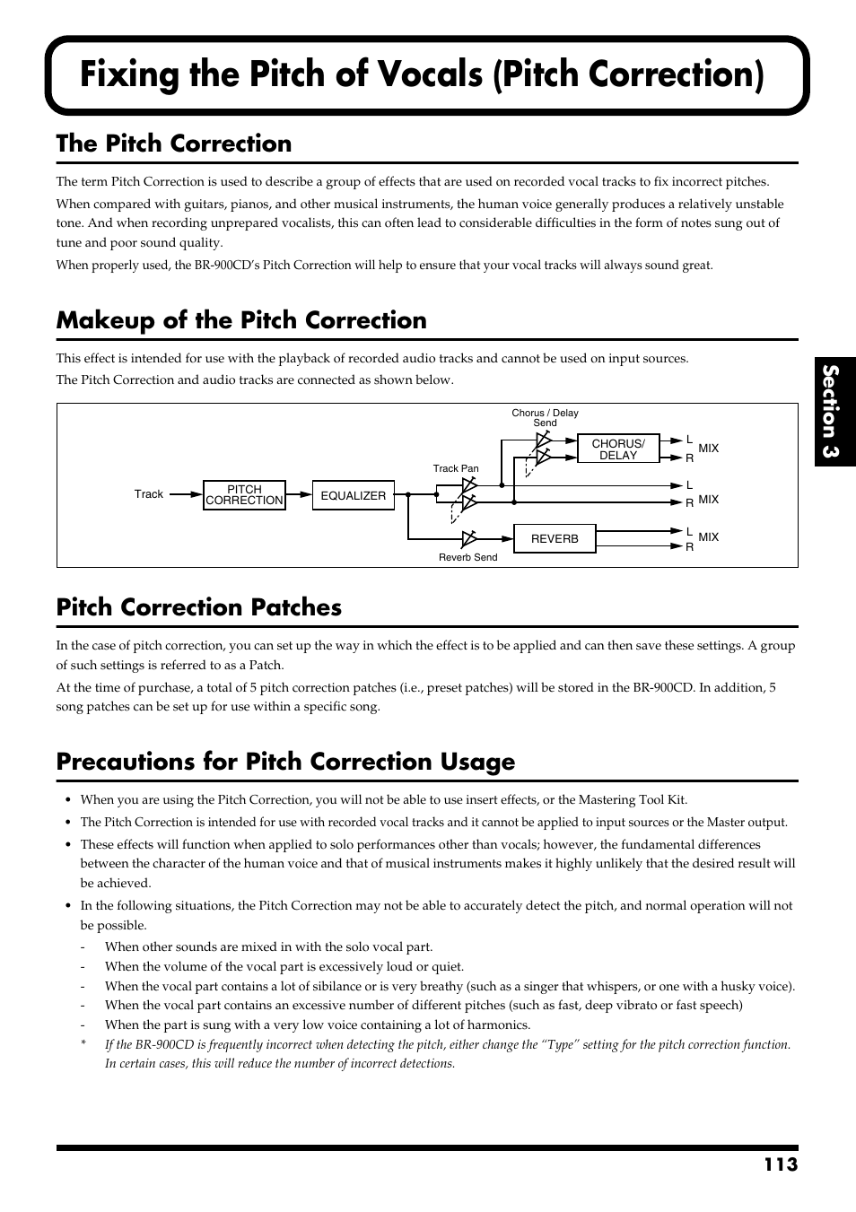 Fixing the pitch of vocals (pitch correction), The pitch correction, Makeup of the pitch correction | Pitch correction patches, Precautions for pitch correction usage | Boss Audio Systems BR-900CD User Manual | Page 113 / 232