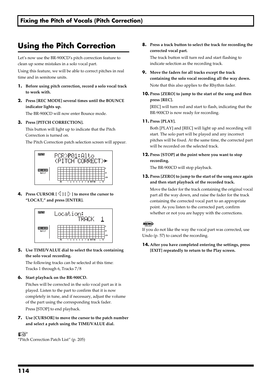 Using the pitch correction, Using the pitch correction” (p. 114), 114 fixing the pitch of vocals (pitch correction) | Boss Audio Systems BR-900CD User Manual | Page 114 / 232