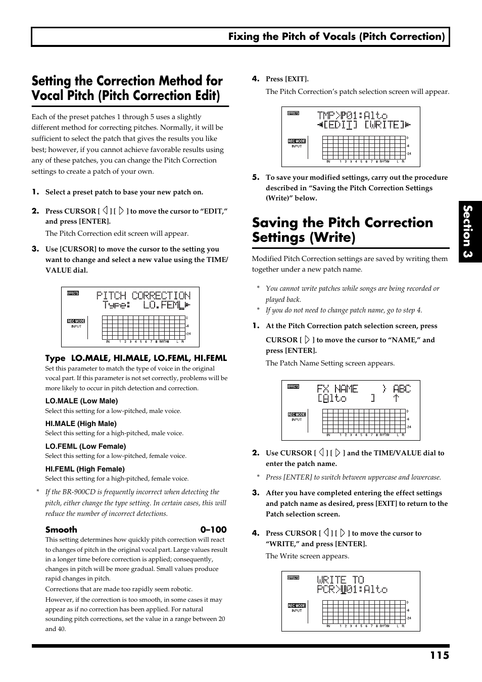 Saving the pitch correction settings (write), 115 fixing the pitch of vocals (pitch correction) | Boss Audio Systems BR-900CD User Manual | Page 115 / 232