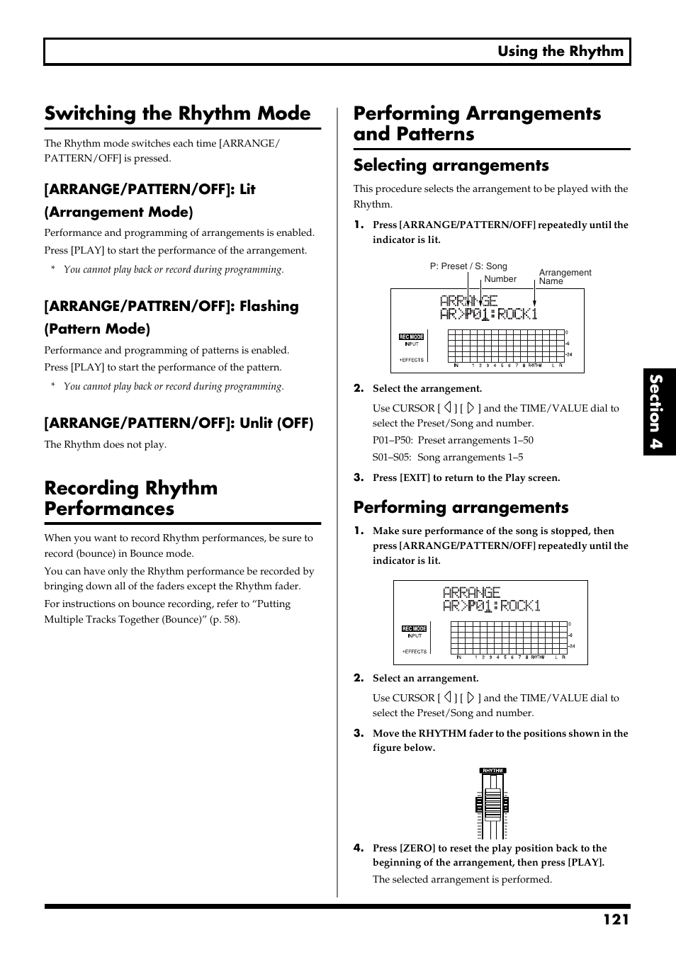 Switching the rhythm mode, Recording rhythm performances, Performing arrangements and patterns | Selecting arrangements, Performing arrangements, 121 using the rhythm, Arrange/pattern/off]: lit (arrangement mode), Arrange/pattren/off]: flashing (pattern mode), Arrange/pattern/off]: unlit (off) | Boss Audio Systems BR-900CD User Manual | Page 121 / 232