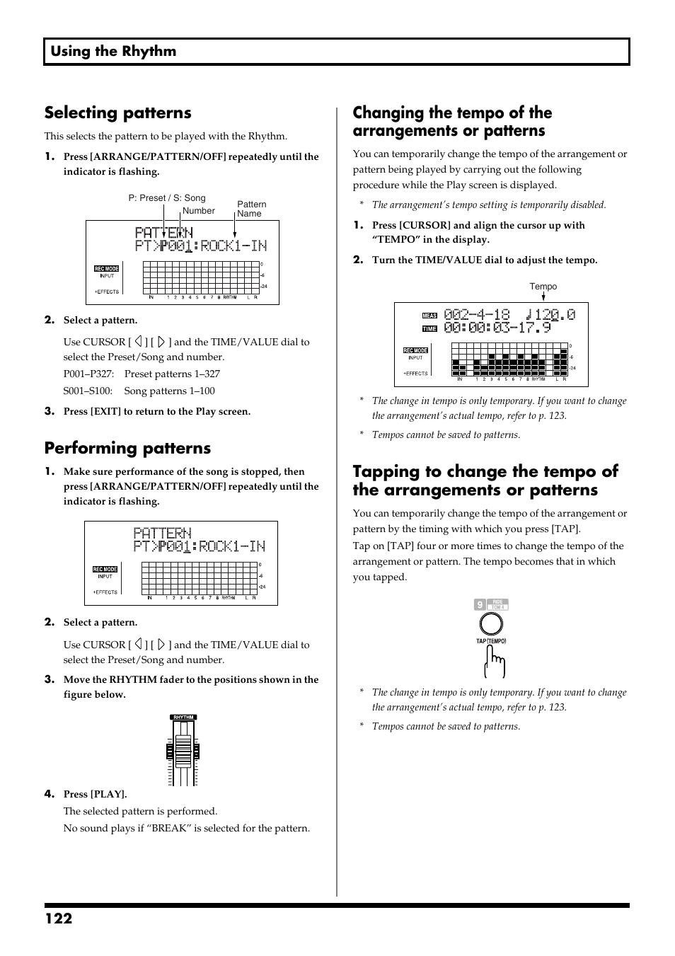 Selecting patterns, Performing patterns, Changing the tempo of the arrangements or patterns | 122 using the rhythm | Boss Audio Systems BR-900CD User Manual | Page 122 / 232