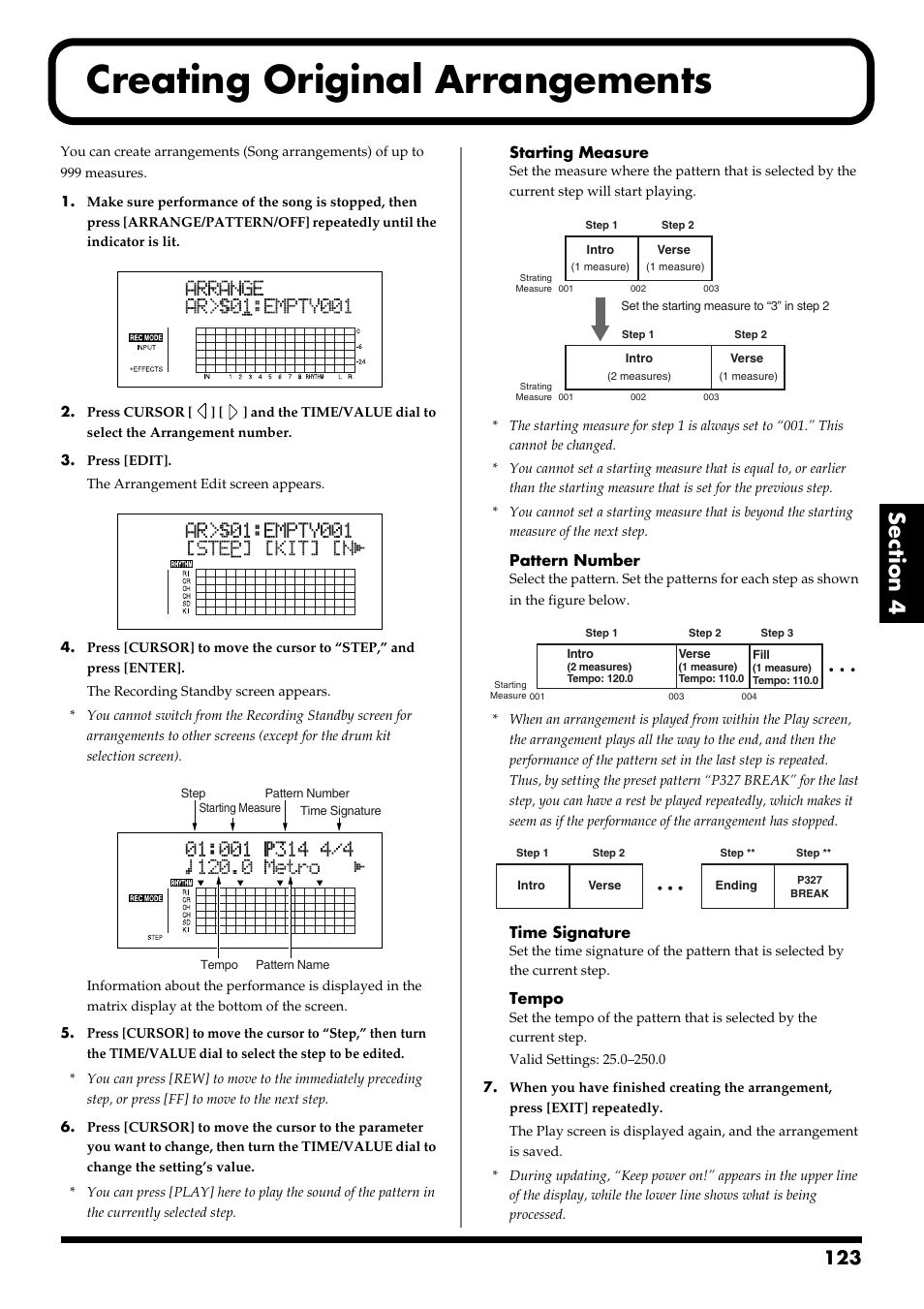 Creating original arrangements, Starting measure, Pattern number | Time signature, Tempo | Boss Audio Systems BR-900CD User Manual | Page 123 / 232