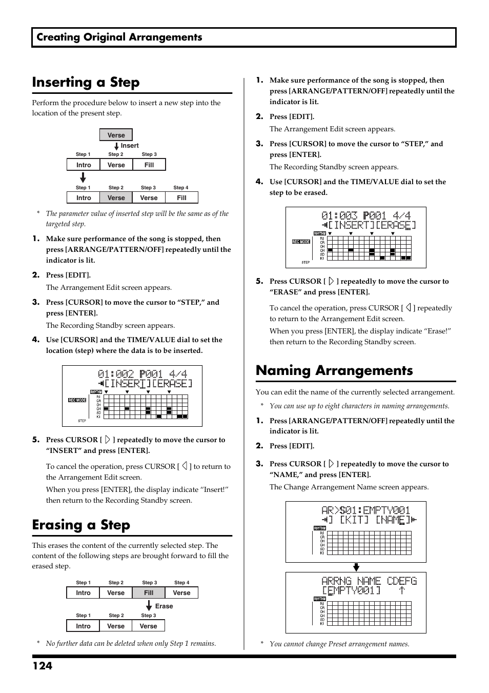 Inserting a step, Erasing a step, Naming arrangements | 124 creating original arrangements | Boss Audio Systems BR-900CD User Manual | Page 124 / 232