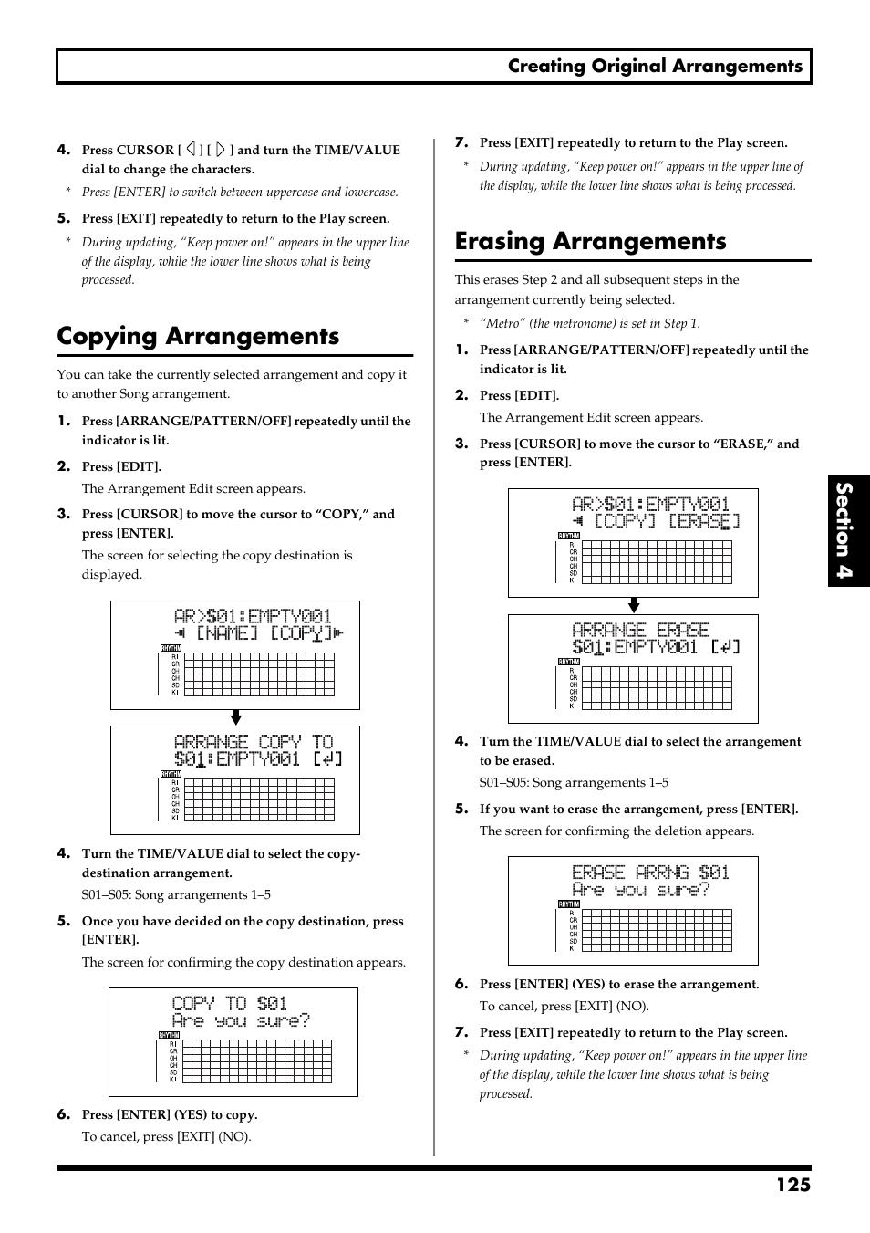 Copying arrangements, Erasing arrangements, 125 creating original arrangements | Boss Audio Systems BR-900CD User Manual | Page 125 / 232