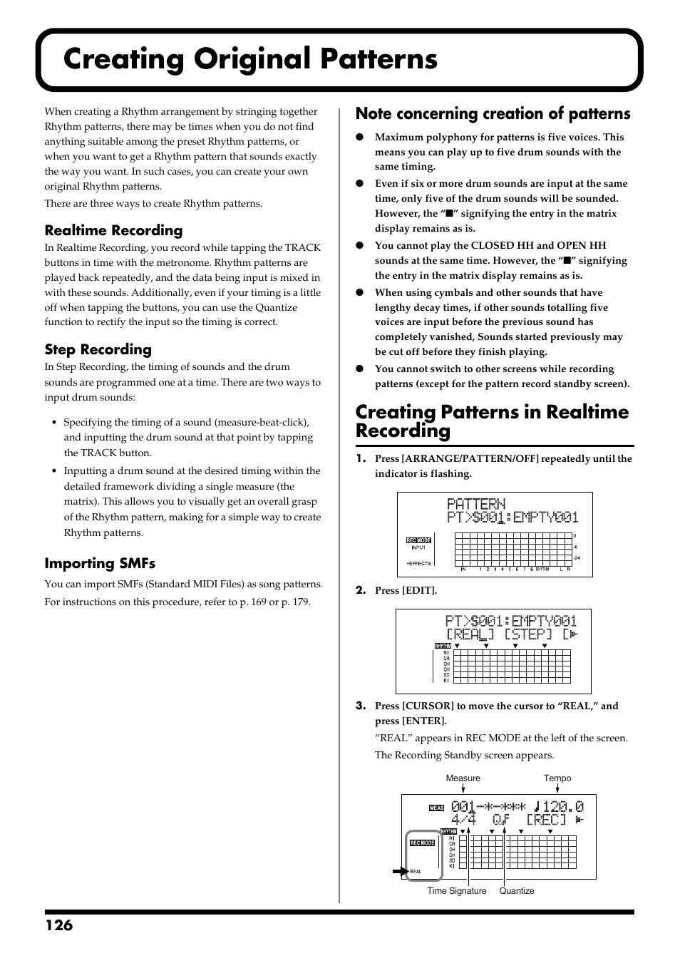 Creating original patterns, Note concerning creation of patterns, Creating patterns in realtime recording | Realtime recording, Step recording, Importing smfs | Boss Audio Systems BR-900CD User Manual | Page 126 / 232