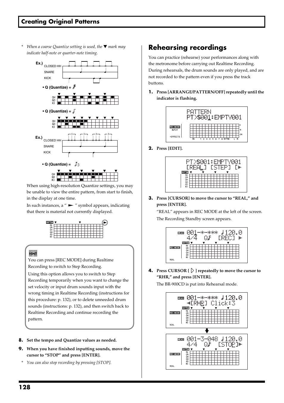 Rehearsing recordings, 128 creating original patterns | Boss Audio Systems BR-900CD User Manual | Page 128 / 232