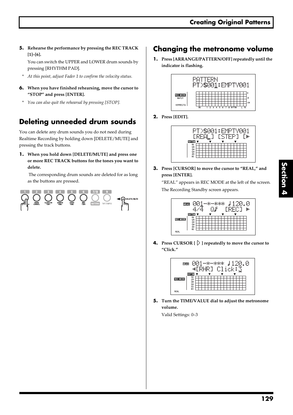 Deleting unneeded drum sounds, Changing the metronome volume, 129 creating original patterns | Boss Audio Systems BR-900CD User Manual | Page 129 / 232