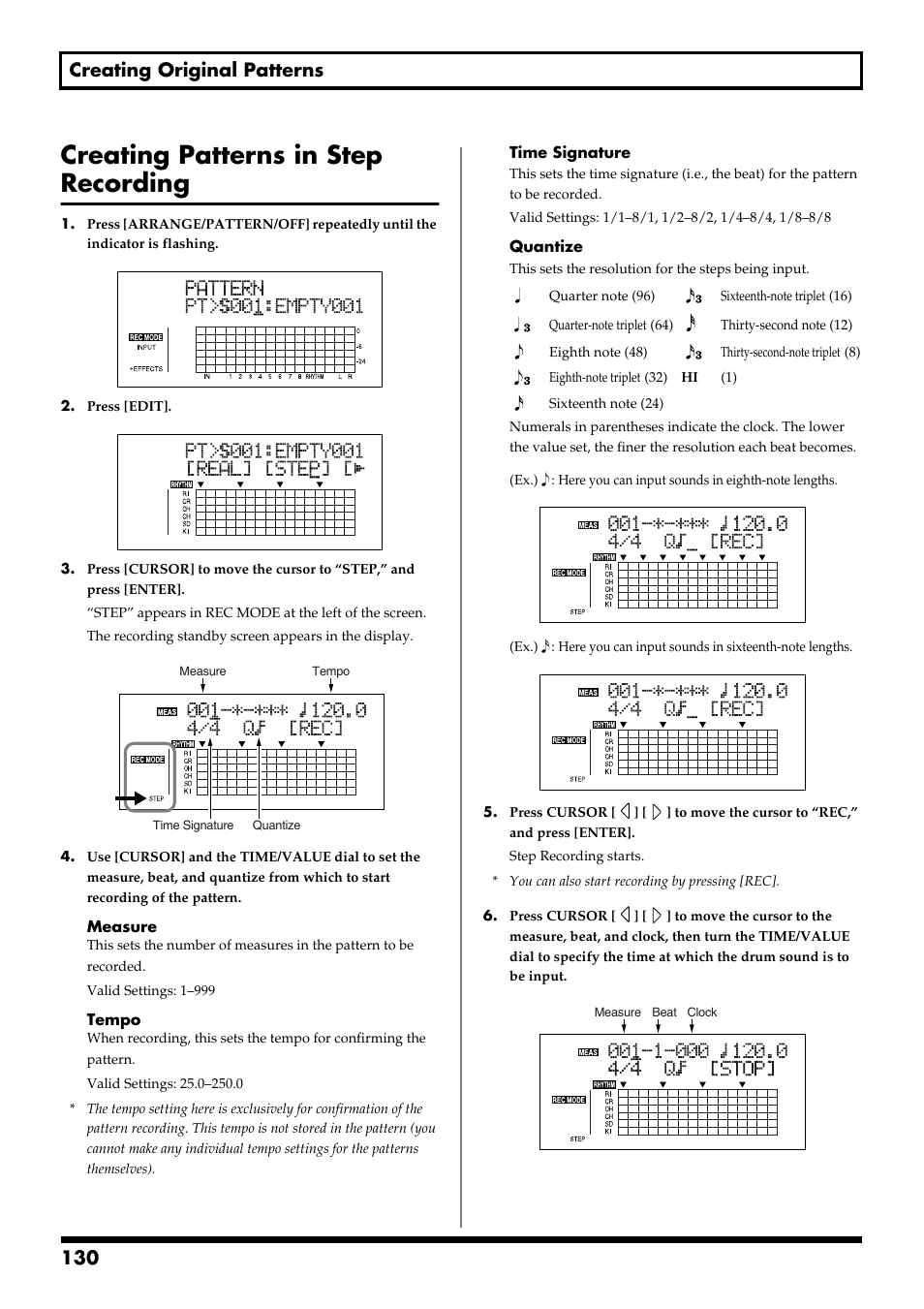 Creating patterns in step recording, 130 creating original patterns | Boss Audio Systems BR-900CD User Manual | Page 130 / 232