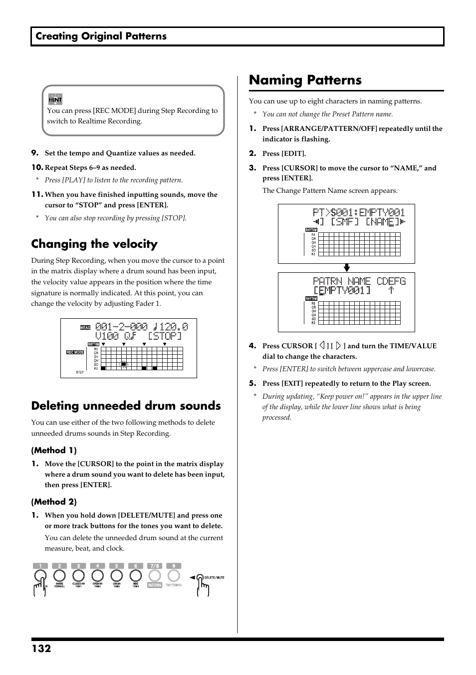 Changing the velocity, Deleting unneeded drum sounds, Naming patterns | 132 creating original patterns | Boss Audio Systems BR-900CD User Manual | Page 132 / 232