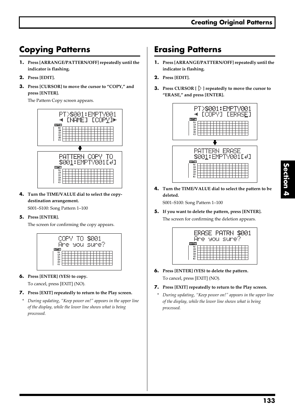 Copying patterns, Erasing patterns, 133 creating original patterns | Boss Audio Systems BR-900CD User Manual | Page 133 / 232