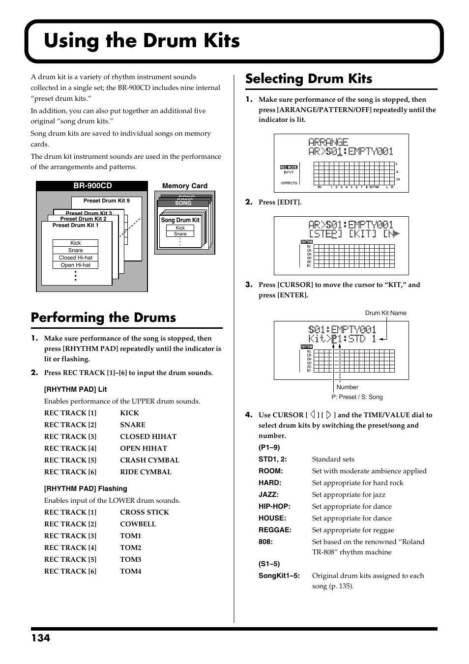 Using the drum kits, Performing the drums, Selecting drum kits | Boss Audio Systems BR-900CD User Manual | Page 134 / 232