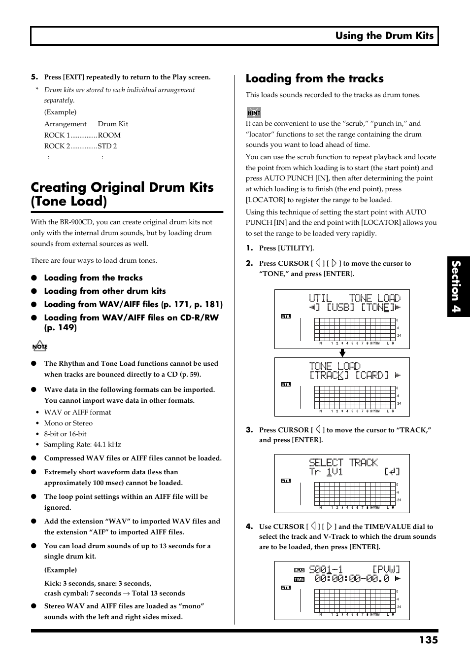 Creating original drum kits (tone load), Loading from the tracks, 135 using the drum kits | Boss Audio Systems BR-900CD User Manual | Page 135 / 232