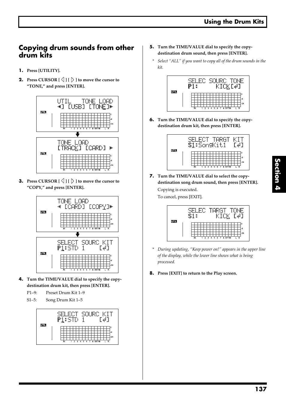 Copying drum sounds from other drum kits, 137 using the drum kits | Boss Audio Systems BR-900CD User Manual | Page 137 / 232