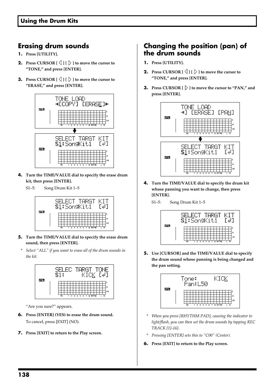 Changing the position (pan) of the drum sounds, Erasing drum sounds, 138 using the drum kits | Boss Audio Systems BR-900CD User Manual | Page 138 / 232