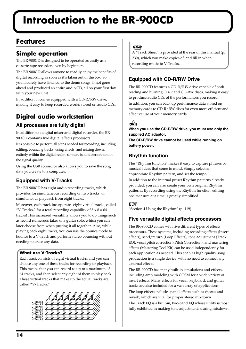 Introduction to the br-900cd, Features, Simple operation | Digital audio workstation, All processes are fully digital, Equipped with v-tracks, Equipped with cd-r/rw drive, Rhythm function, Five versatile digital effects processors | Boss Audio Systems BR-900CD User Manual | Page 14 / 232