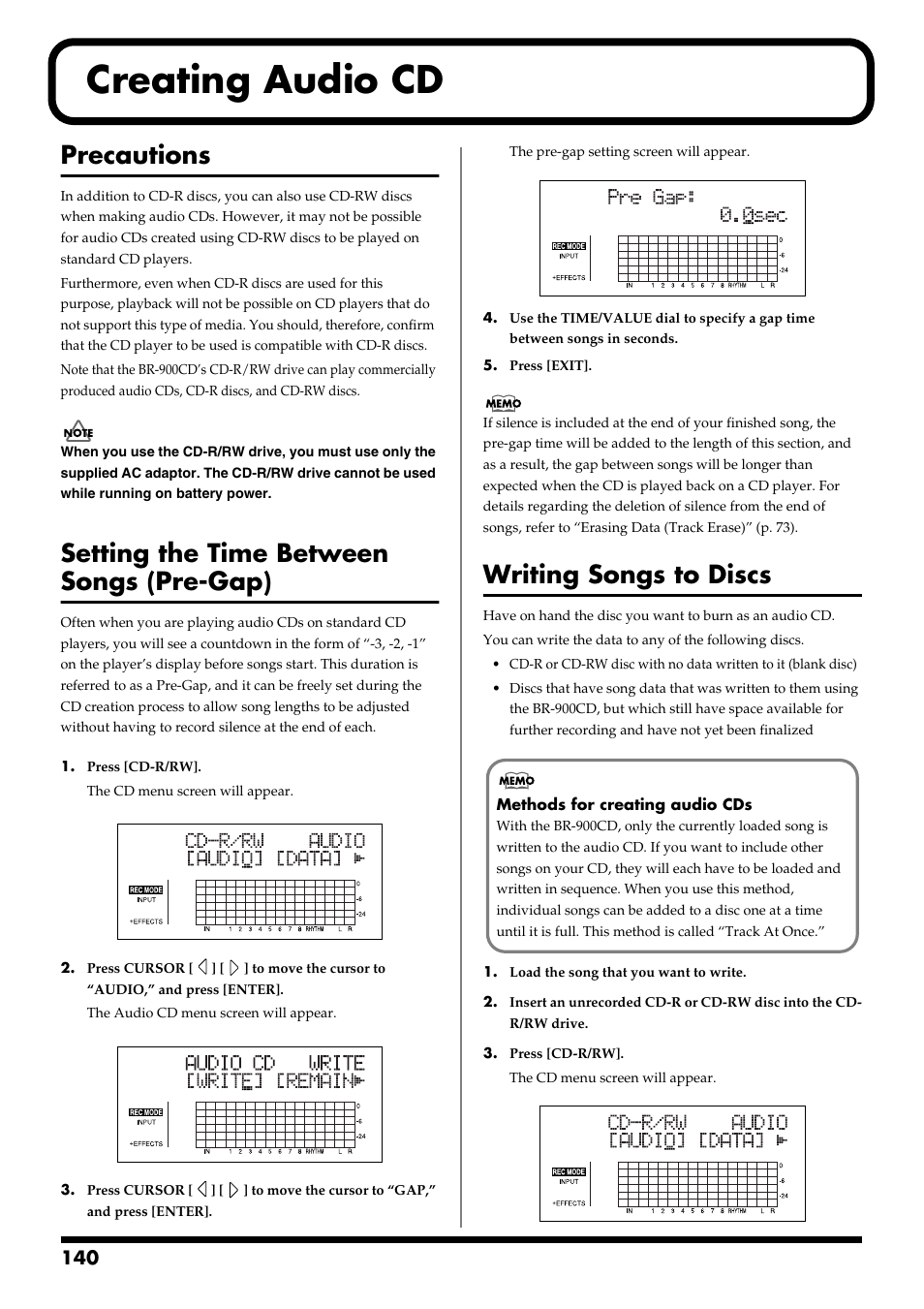 Creating audio cd, Precautions, Setting the time between songs (pre-gap) | Writing songs to discs | Boss Audio Systems BR-900CD User Manual | Page 140 / 232