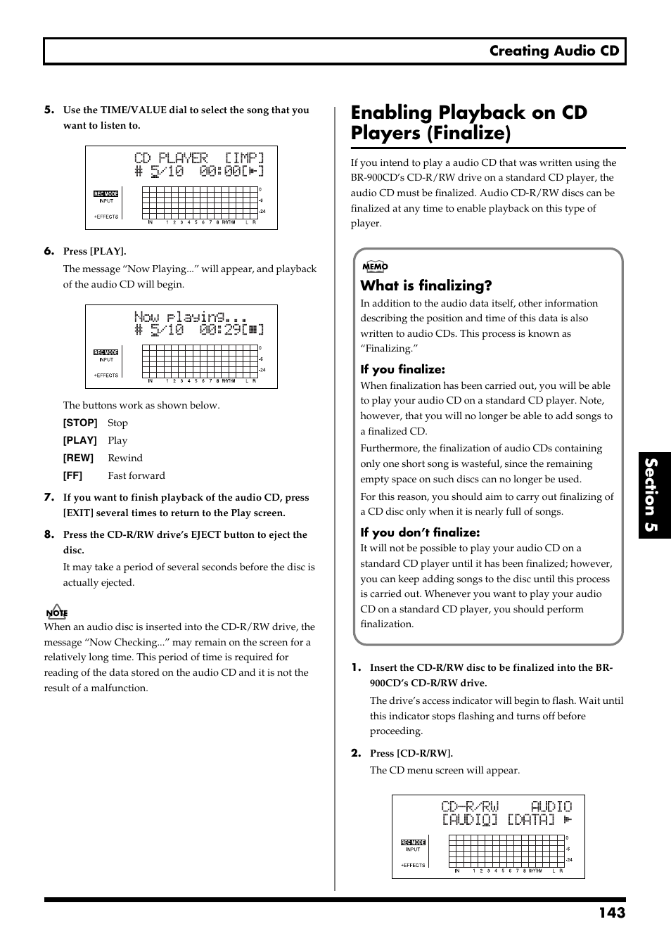 Enabling playback on cd players (finalize), 143 creating audio cd, What is finalizing | Boss Audio Systems BR-900CD User Manual | Page 143 / 232