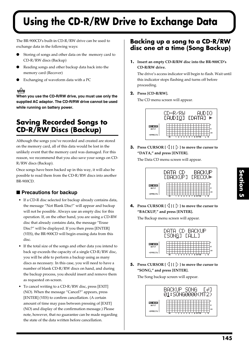 Using the cd-r/rw drive to exchange data, Saving recorded songs to cd-r/rw discs (backup), Precautions for backup | Boss Audio Systems BR-900CD User Manual | Page 145 / 232