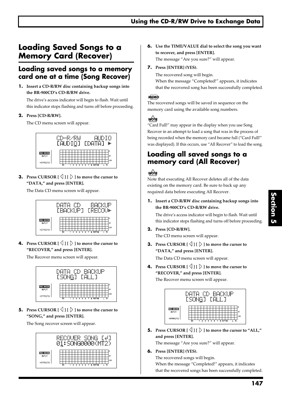 Loading saved songs to a memory card (recover), 147 using the cd-r/rw drive to exchange data | Boss Audio Systems BR-900CD User Manual | Page 147 / 232