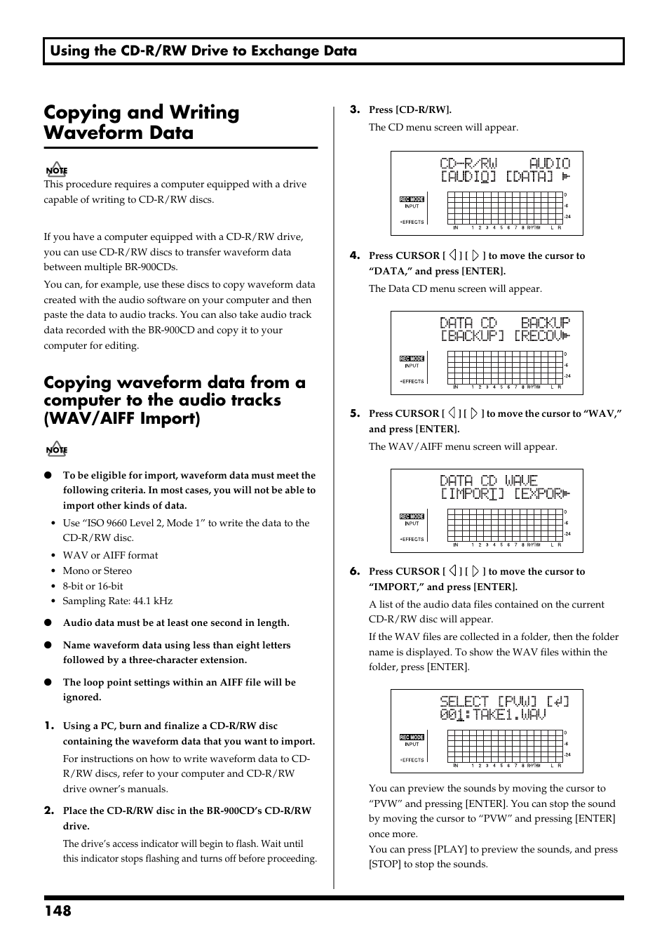 Copying and writing waveform data, 148 using the cd-r/rw drive to exchange data | Boss Audio Systems BR-900CD User Manual | Page 148 / 232