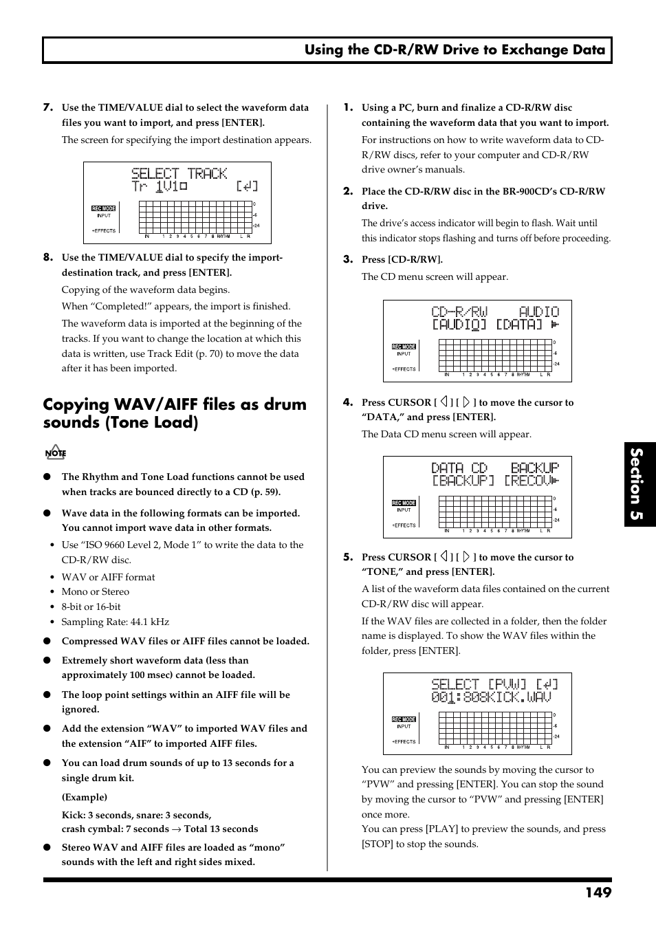 Copying wav/aiff files as drum sounds (tone load), P. 149), 149 using the cd-r/rw drive to exchange data | Boss Audio Systems BR-900CD User Manual | Page 149 / 232