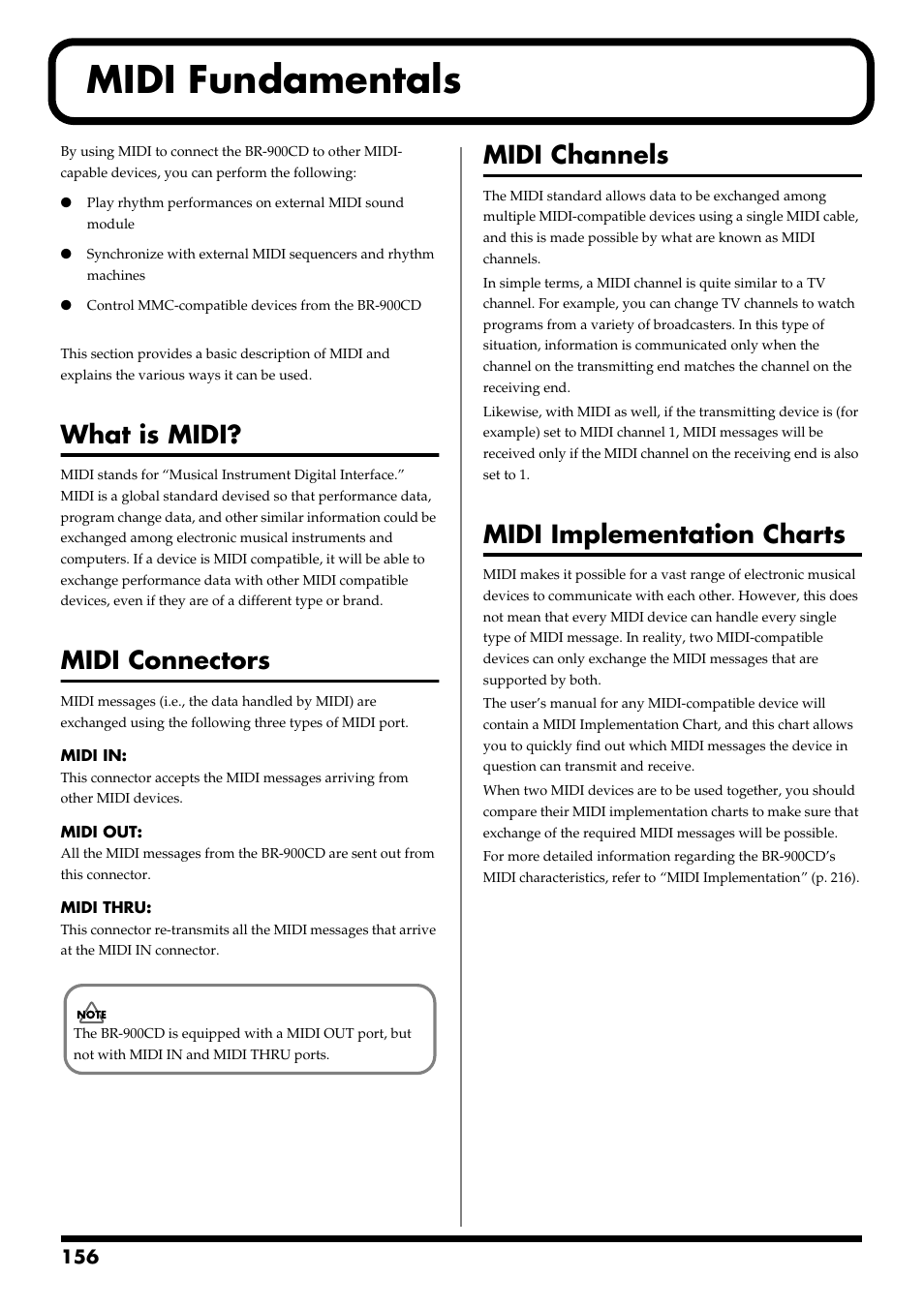 Midi fundamentals, What is midi, Midi connectors | Midi channels, Midi implementation charts | Boss Audio Systems BR-900CD User Manual | Page 156 / 232