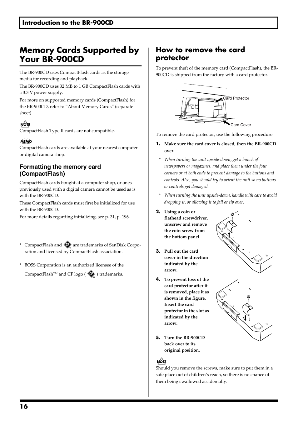 Memory cards supported by your br-900cd, How to remove the card protector | Boss Audio Systems BR-900CD User Manual | Page 16 / 232