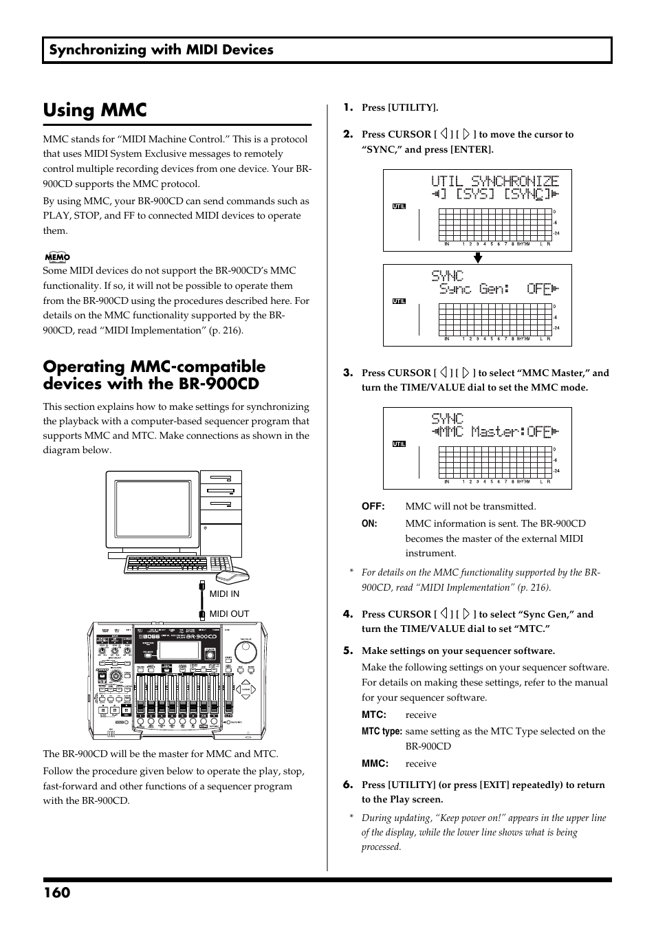 Using mmc, Operating mmc-compatible devices with the br-900cd, 160 synchronizing with midi devices | Boss Audio Systems BR-900CD User Manual | Page 160 / 232