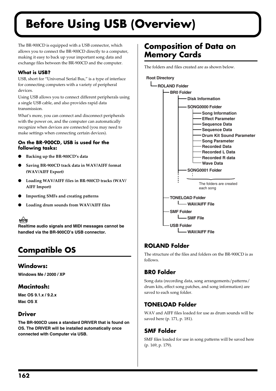 Before using usb (overview), Compatible os, Composition of data on memory cards | Compatible os composition of data on memory cards, Windows, Macintosh, Driver, Roland folder, Br0 folder, Toneload folder | Boss Audio Systems BR-900CD User Manual | Page 162 / 232