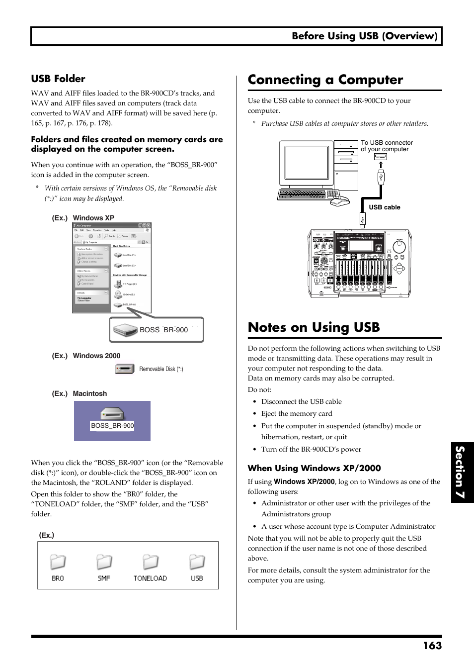 Connecting a computer, Notes on using usb, Connecting a computer notes on using usb | 163 before using usb (overview), Usb folder | Boss Audio Systems BR-900CD User Manual | Page 163 / 232