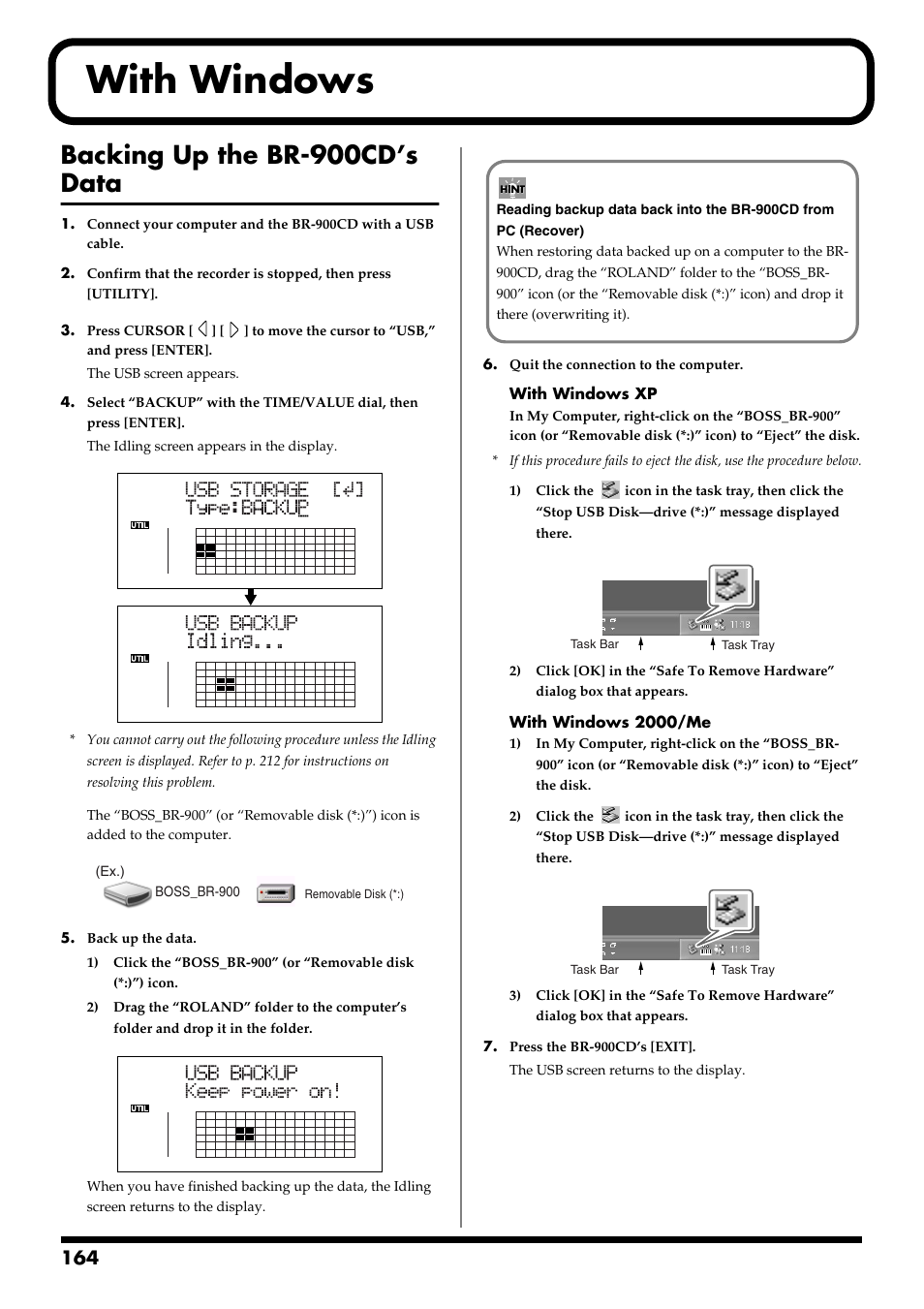 With windows, Backing up the br-900cd’s data | Boss Audio Systems BR-900CD User Manual | Page 164 / 232