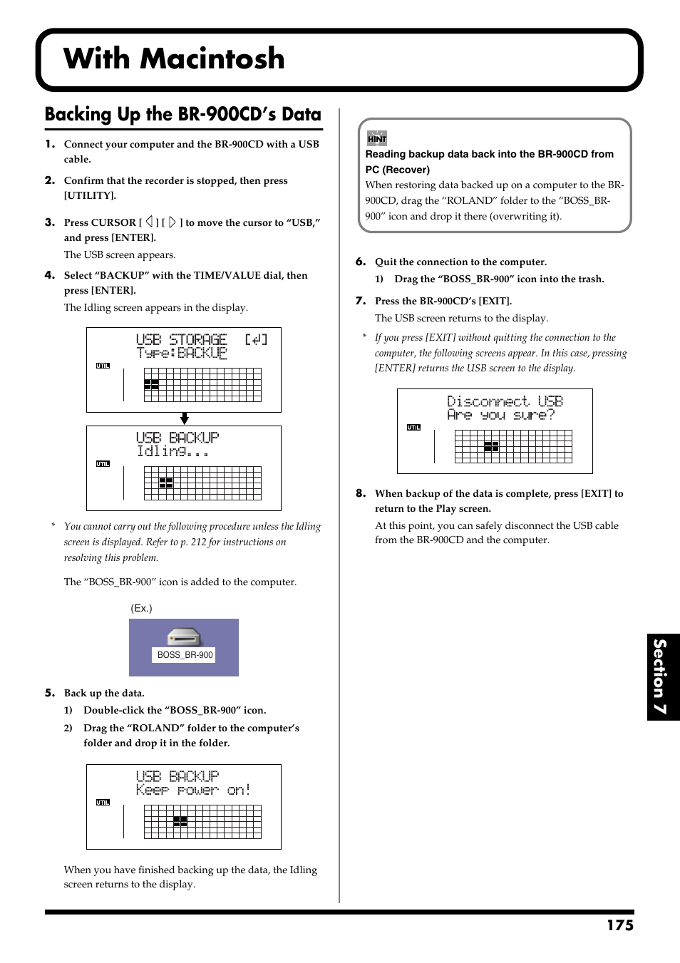 With macintosh, Backing up the br-900cd’s data | Boss Audio Systems BR-900CD User Manual | Page 175 / 232