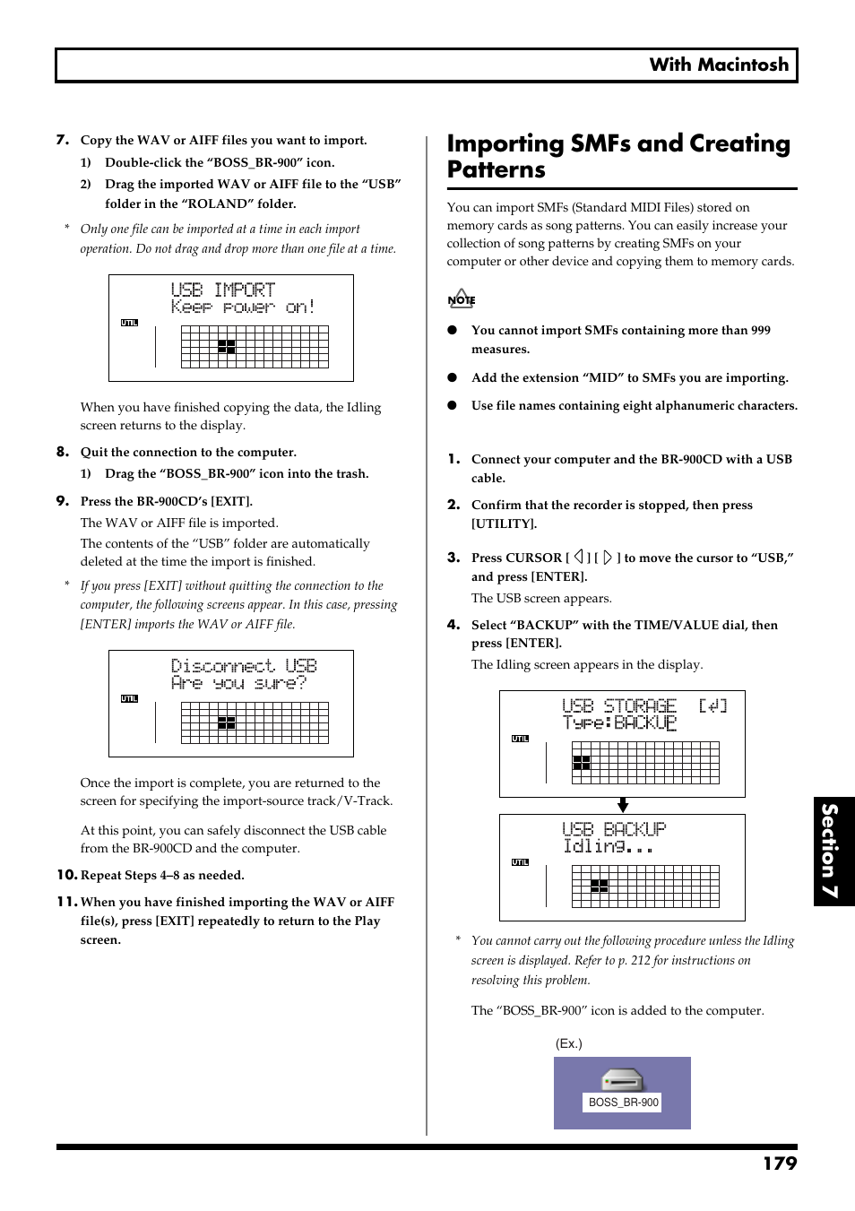 Importing smfs and creating patterns, 179 with macintosh | Boss Audio Systems BR-900CD User Manual | Page 179 / 232