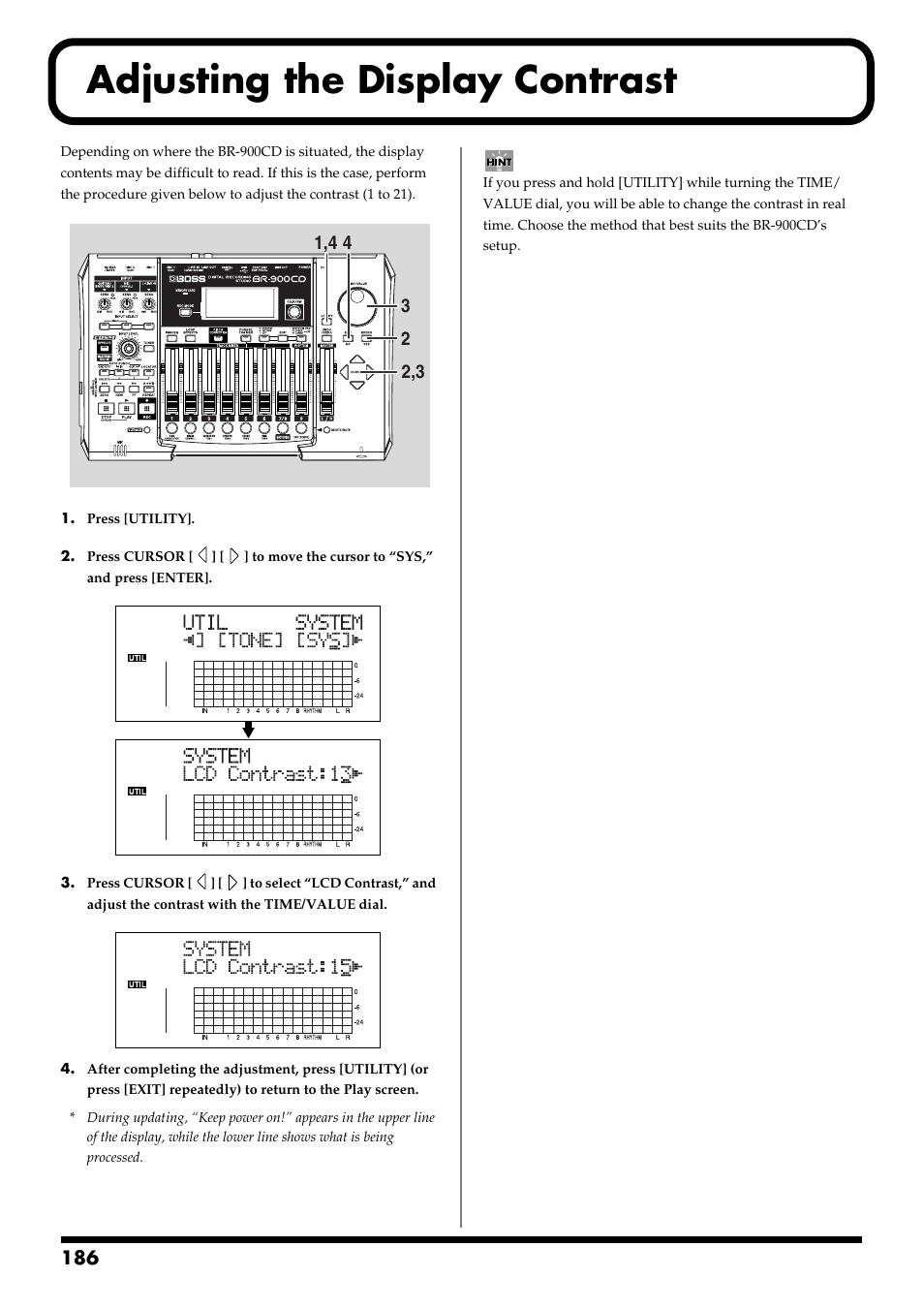 Adjusting the display contrast | Boss Audio Systems BR-900CD User Manual | Page 186 / 232