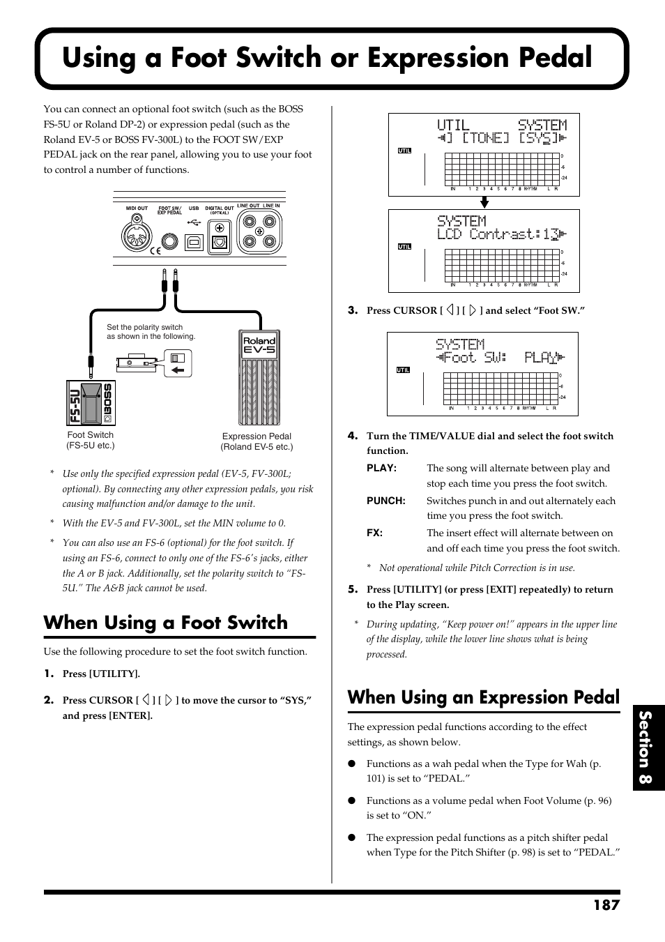 Using a foot switch or expression pedal, When using a foot switch, When using an expression pedal | Using a foot switch or expression pedal” (p. 187) | Boss Audio Systems BR-900CD User Manual | Page 187 / 232