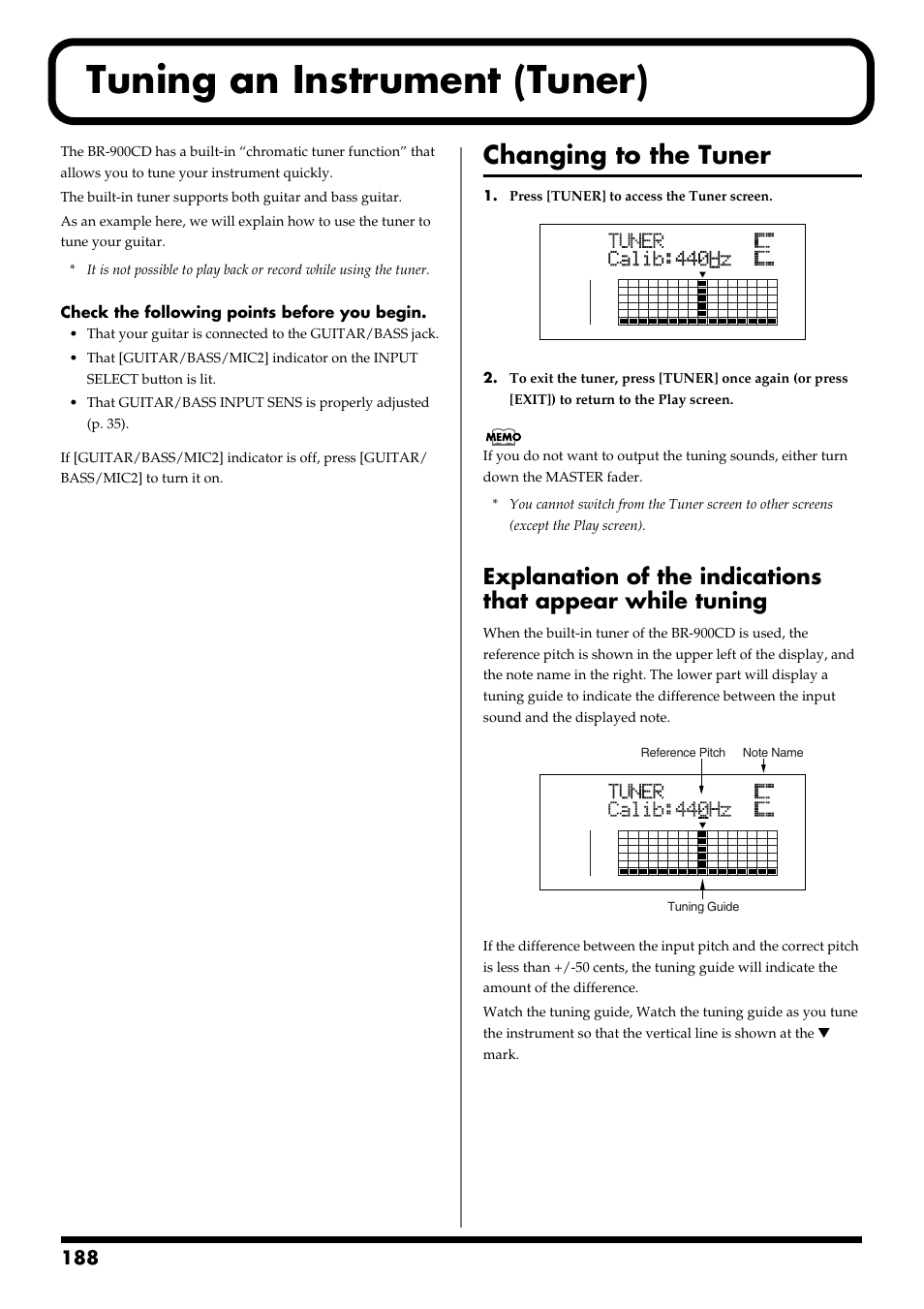 Tuning an instrument (tuner), Changing to the tuner, Connected to the br-900cd (p. 188) | Boss Audio Systems BR-900CD User Manual | Page 188 / 232