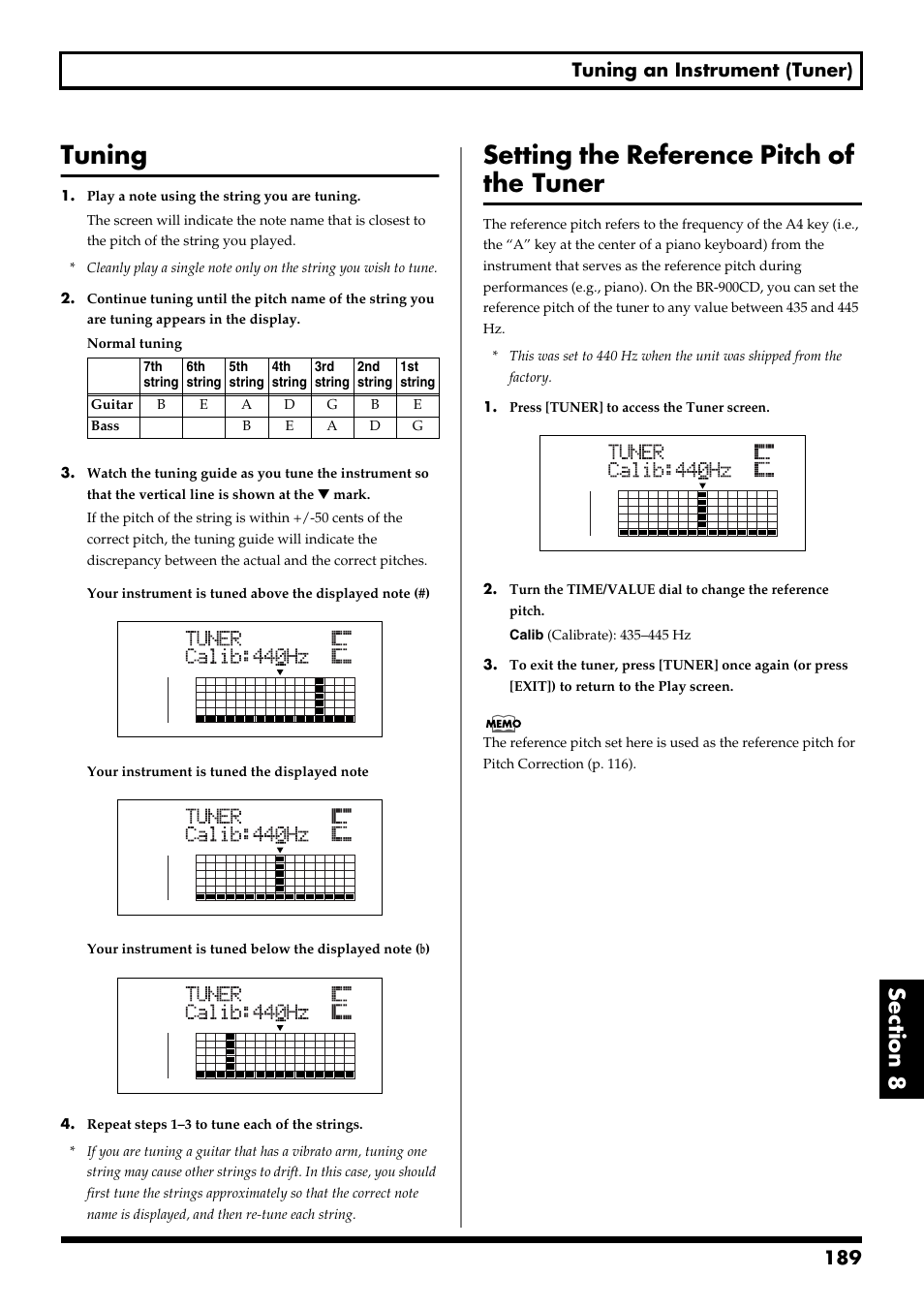 Tuning, Setting the reference pitch of the tuner, 189 tuning an instrument (tuner) | Boss Audio Systems BR-900CD User Manual | Page 189 / 232