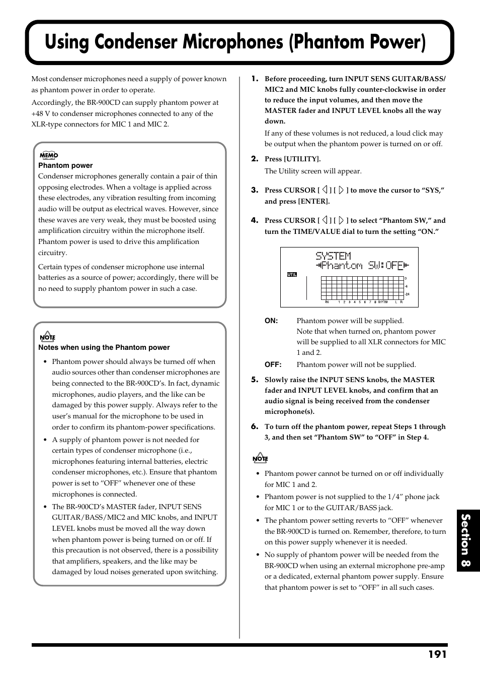 Using condenser microphones (phantom power), P. 191, Microphone connected to this connector (p. 191) | Boss Audio Systems BR-900CD User Manual | Page 191 / 232