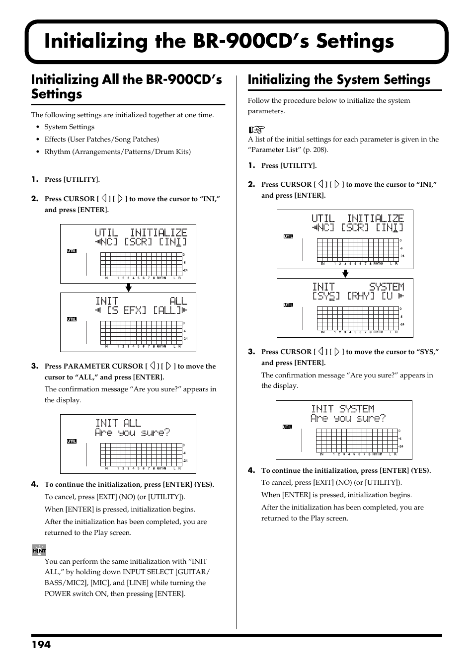 Initializing the br-900cd’s settings, Initializing all the br-900cd’s settings, Initializing the system settings | Boss Audio Systems BR-900CD User Manual | Page 194 / 232