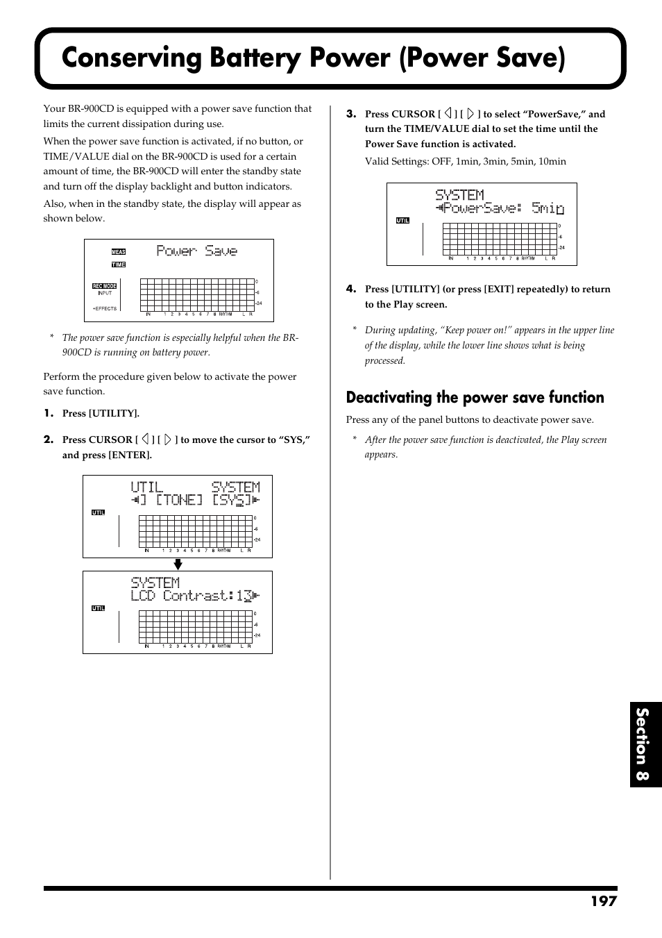 Conserving battery power (power save), Deactivating the power save function | Boss Audio Systems BR-900CD User Manual | Page 197 / 232