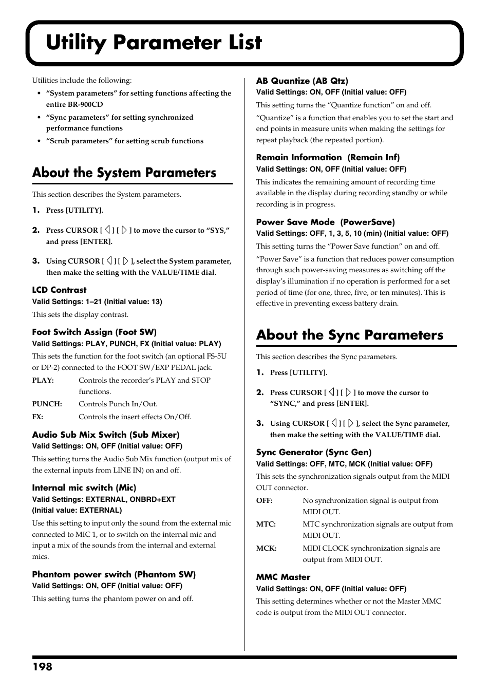 Utility parameter list, About the system parameters, About the sync parameters | Boss Audio Systems BR-900CD User Manual | Page 198 / 232