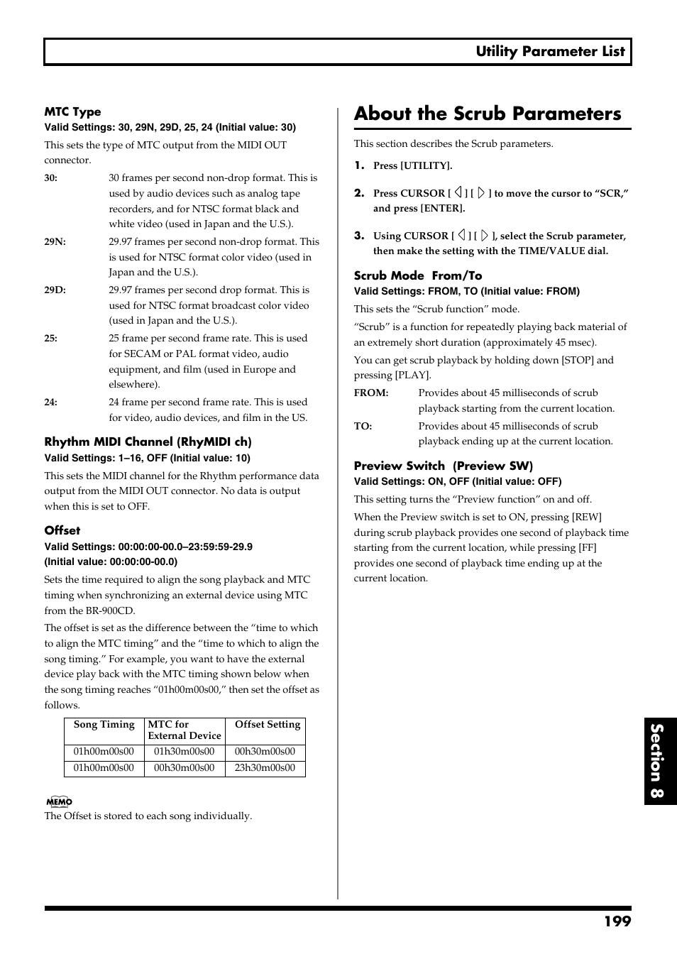 About the scrub parameters, 199 utility parameter list | Boss Audio Systems BR-900CD User Manual | Page 199 / 232