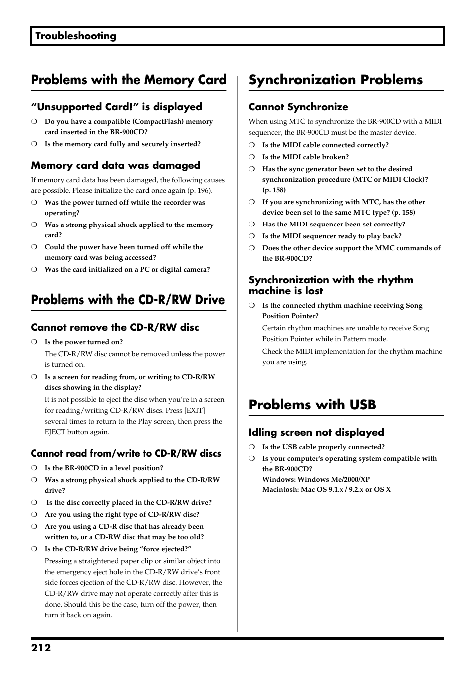 Problems with the cd-r/rw drive, Synchronization problems, Problems with usb | Boss Audio Systems BR-900CD User Manual | Page 212 / 232