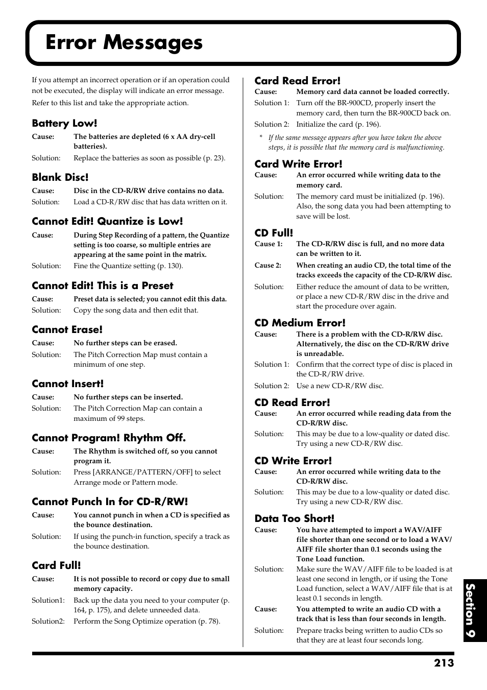 Error messages, Battery low, Blank disc | Cannot edit! quantize is low, Cannot edit! this is a preset, Cannot erase, Cannot insert, Cannot program! rhythm off, Cannot punch in for cd-r/rw, Card full | Boss Audio Systems BR-900CD User Manual | Page 213 / 232