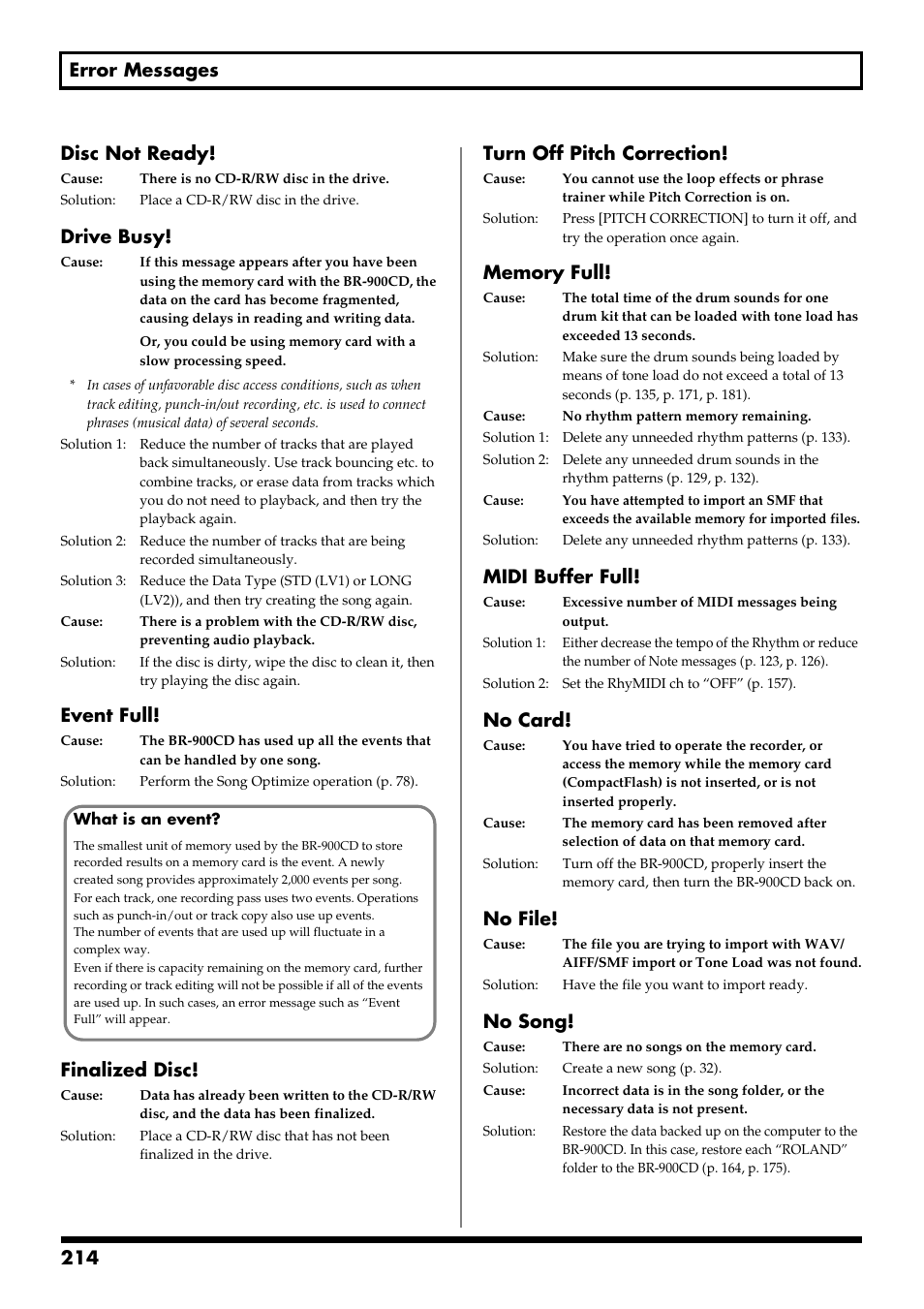 214 error messages disc not ready, Drive busy, Event full | Finalized disc, Turn off pitch correction, Midi buffer full, No card, No file, No song | Boss Audio Systems BR-900CD User Manual | Page 214 / 232