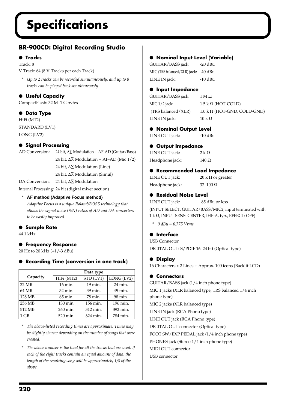Specifications, Br-900cd: digital recording studio | Boss Audio Systems BR-900CD User Manual | Page 220 / 232
