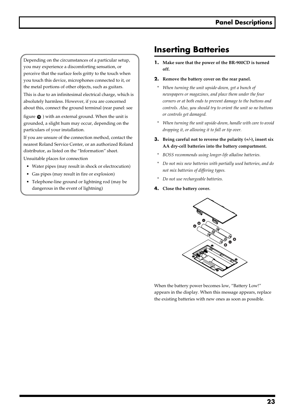 Inserting batteries, 23 panel descriptions | Boss Audio Systems BR-900CD User Manual | Page 23 / 232