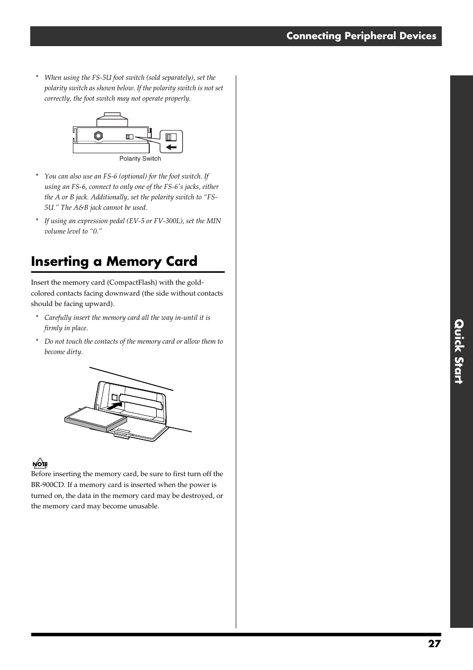 Inserting a memory card, Quick start, 27 connecting peripheral devices | Boss Audio Systems BR-900CD User Manual | Page 27 / 232