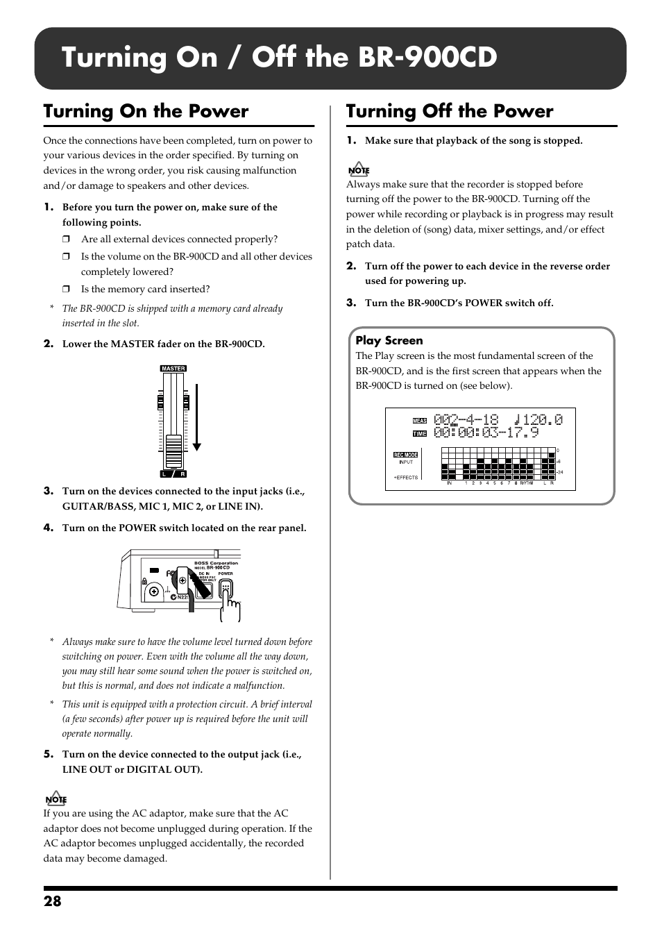 Turning on / off the br-900cd, Turning on the power, Turning off the power | Boss Audio Systems BR-900CD User Manual | Page 28 / 232