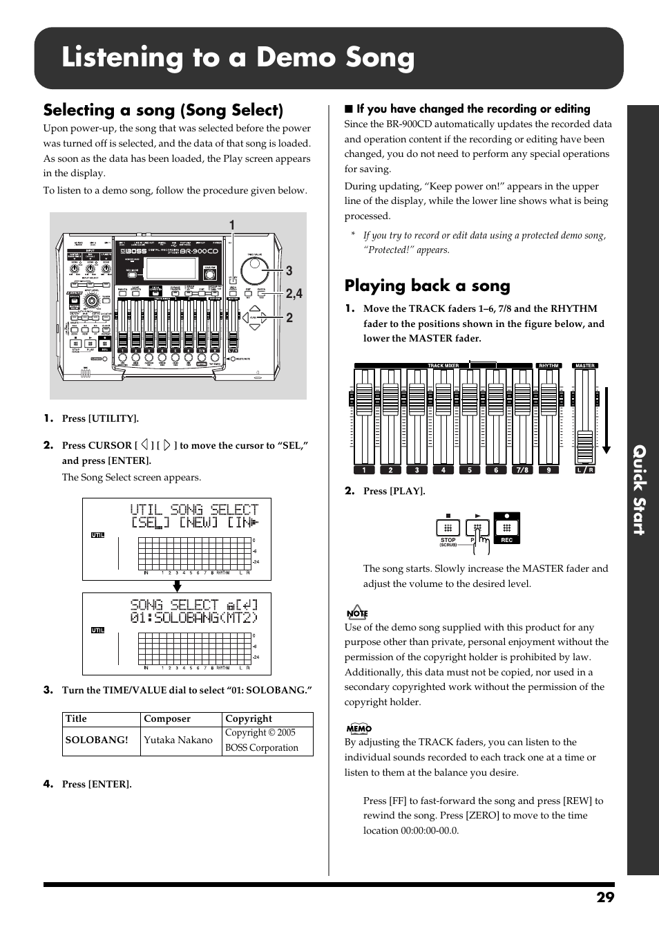 Listening to a demo song, Selecting a song (song select), Playing back a song | Quick start | Boss Audio Systems BR-900CD User Manual | Page 29 / 232